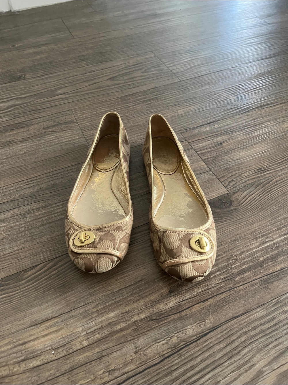 Coach Tan Signature Canvas Ballet Flats with Gold Turnlock Accent
